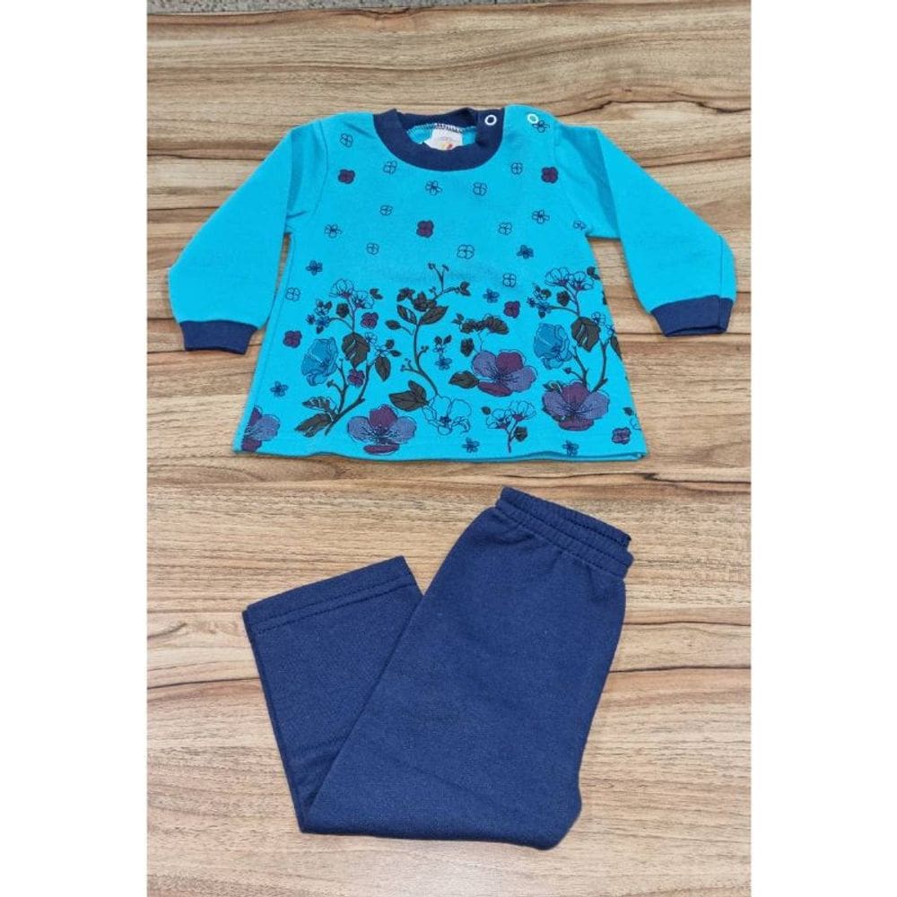 Conjunto Infantil Feminino Inverno Azul Flores P