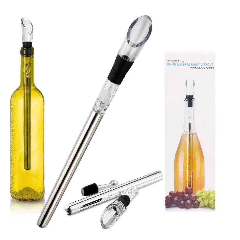 Kit Bastao Resfriador Vinho E Bico Dosador Aerador Garrafa Decantador Em Inox Luxo