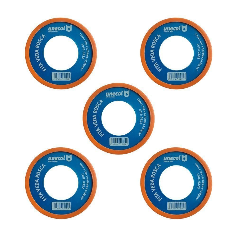 Kit 5 Fitas Veda Rosca 12mm 10 Metros Vedação Hidráulica Canos Torneiras Teflon