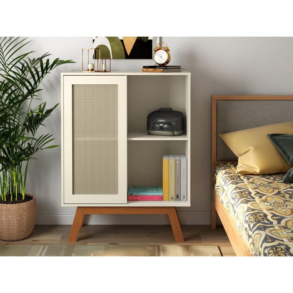 Balcao Alto Aparador Buffet Com Porta De Correr Rattan Pés Em Madeira Off White