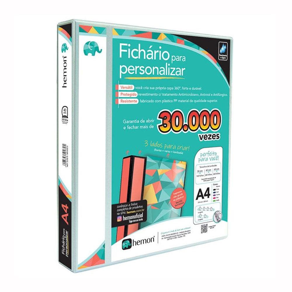 Fichário revestido c cristal A4 Branco 40mm 4 argolas Hemon