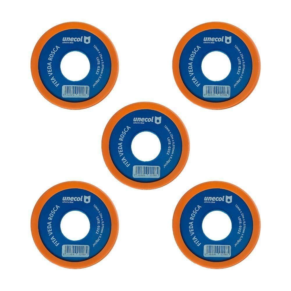 Kit 5 Fitas Veda Rosca 12mm 50 Metros Vedação Hidráulica Canos Torneiras Teflon