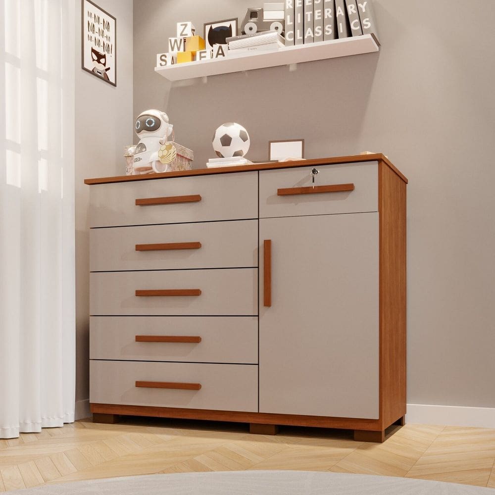 Cômoda Infantil 6 Gavetas 1 Porta Sofia Espresso Móveis Cinamomo / Off White