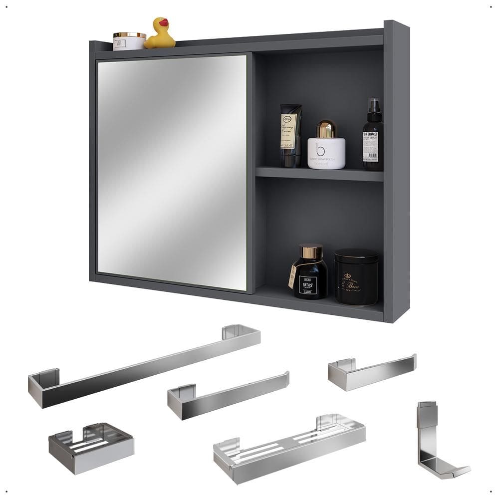 Espelheira Superior Luxo Armarinho 1 Porta Prateleira Kit Banheiro Completo 6 Peças Aço Inox Premium
