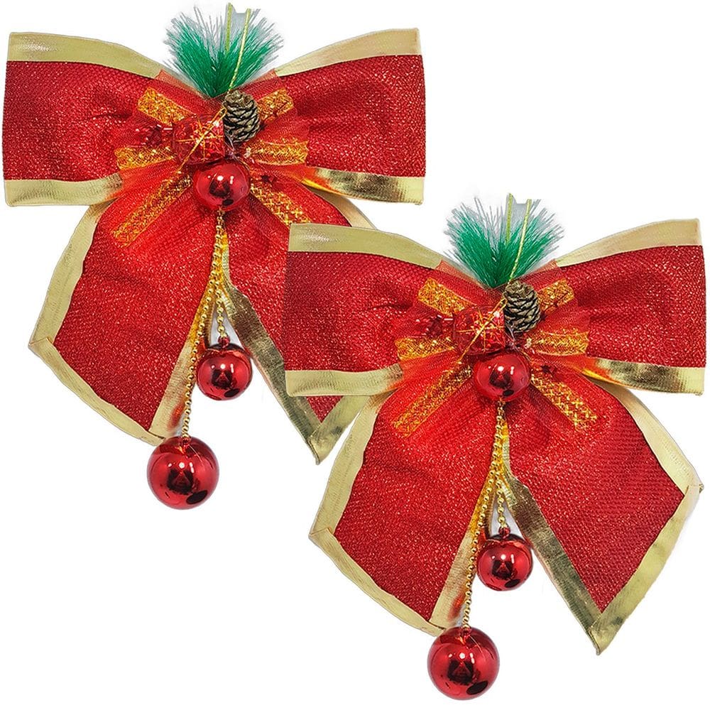 Enfeite Laços Natalino Com Bolas Vermelho Pendente Kit 4pçs