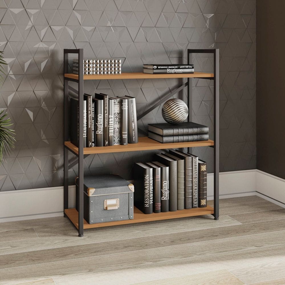 Estante para Livros Baixa 3 Prateleiras 89cm X 72cm Industrial Canela/Preto Fosco