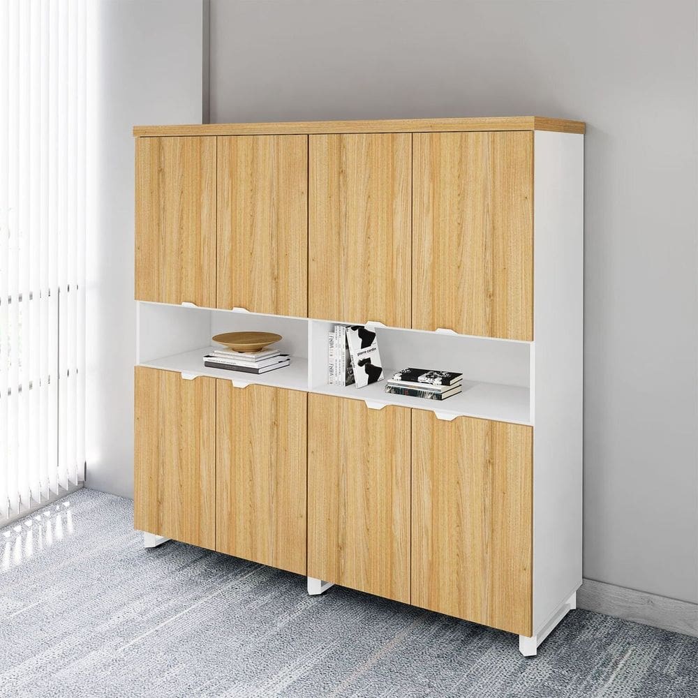 Armário Estante para Escritório com 8 Portas de Abrir e 2 Nichos F5 Office Macadâmia com Branco