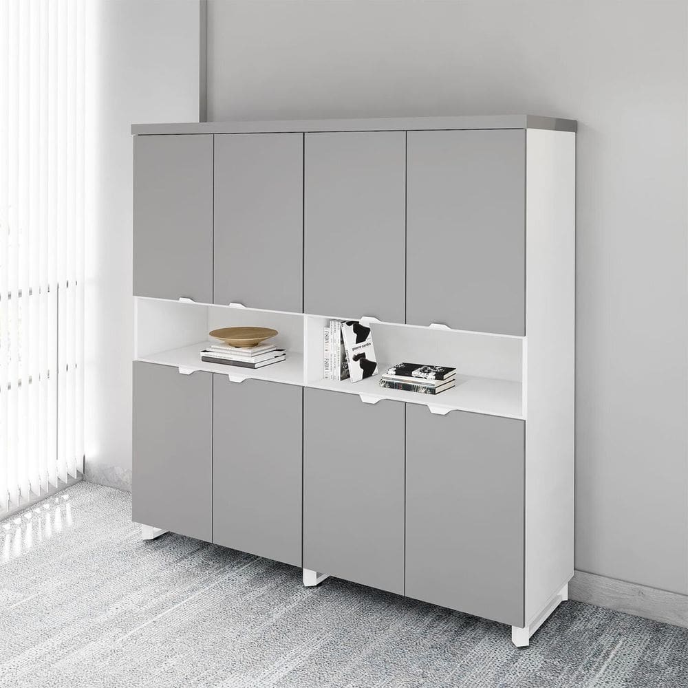 Armário Estante para Escritório com 8 Portas de Abrir e 2 Nichos F5 Office Cinza Sagrado com Branco