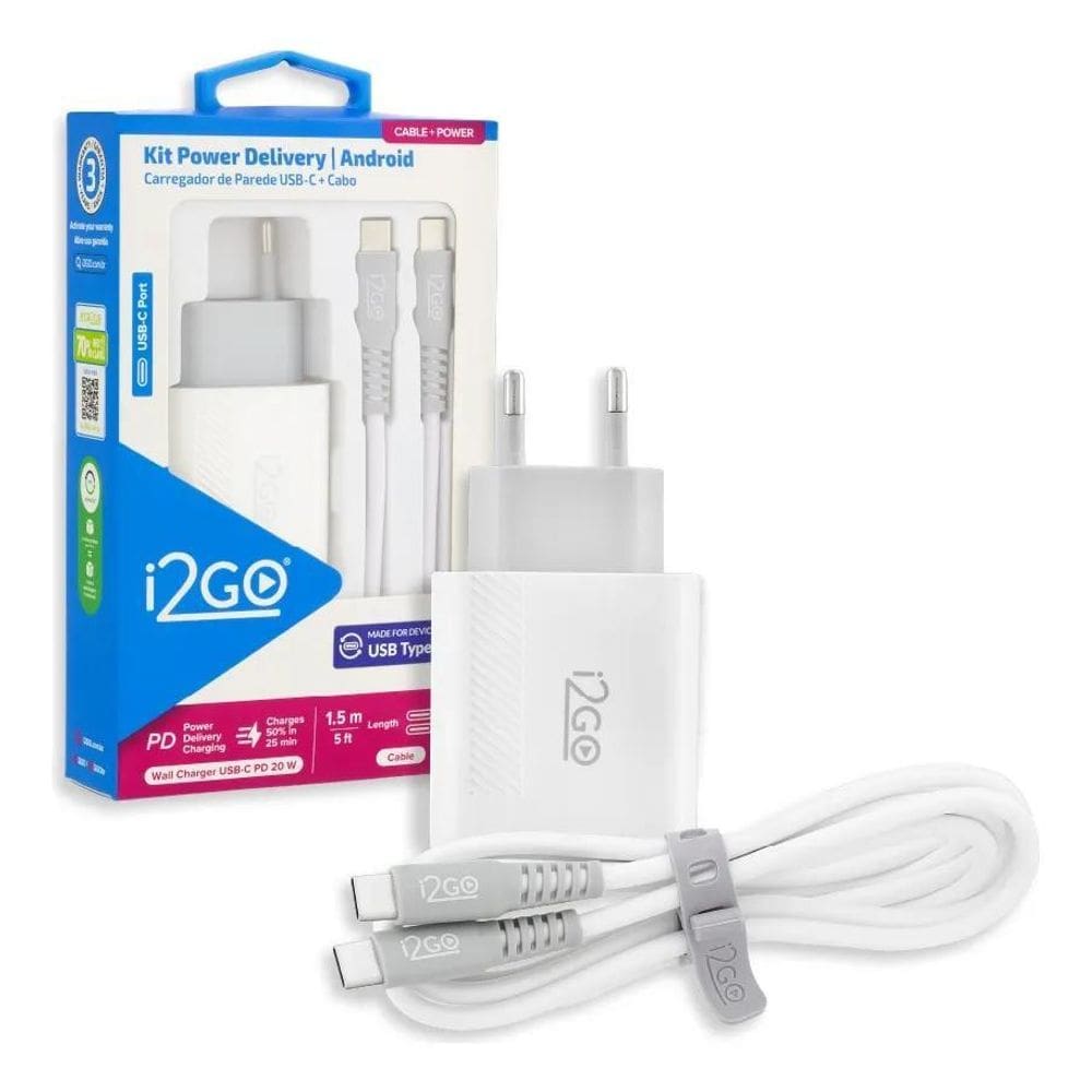 10X Carregador Turbo 1 Saída Usb-C 20W + Cabo Usb-C I2Go 1,