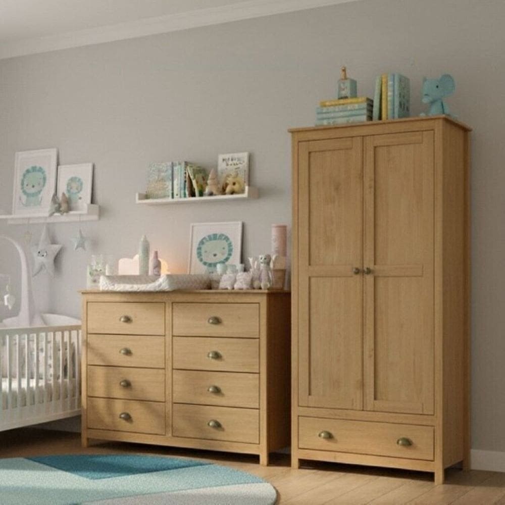 Conjunto Infantil Guarda-Roupa 2 Portas e Cômoda 8 Gavetas 100% Madeira Maciça - Topázio  Finestra Freijó