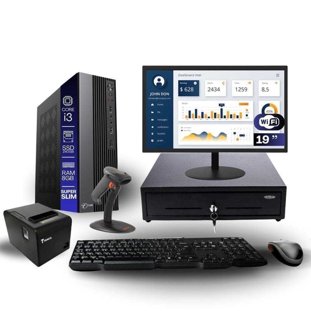 Kit Automação PDV TOB i3 8GB SSD 240GB Win10 Rede S/Fio Teclado Mouse Monitor 19” Gvt. Dinheiro Imp. Térmica Leitor Cód Barras