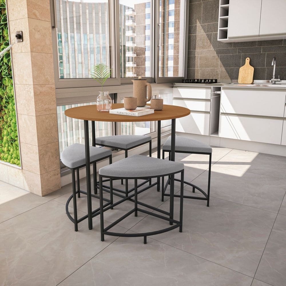 Mesa de Jantar Tampo Mdp Redondo 4 Bancos Estofados Crome Industrial Canela/Preto Fosco