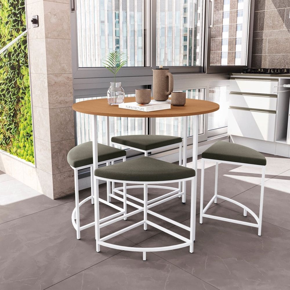 Mesa de Jantar Tampo Mdp Redondo 4 Bancos Estofados Canela/Branco Brilho