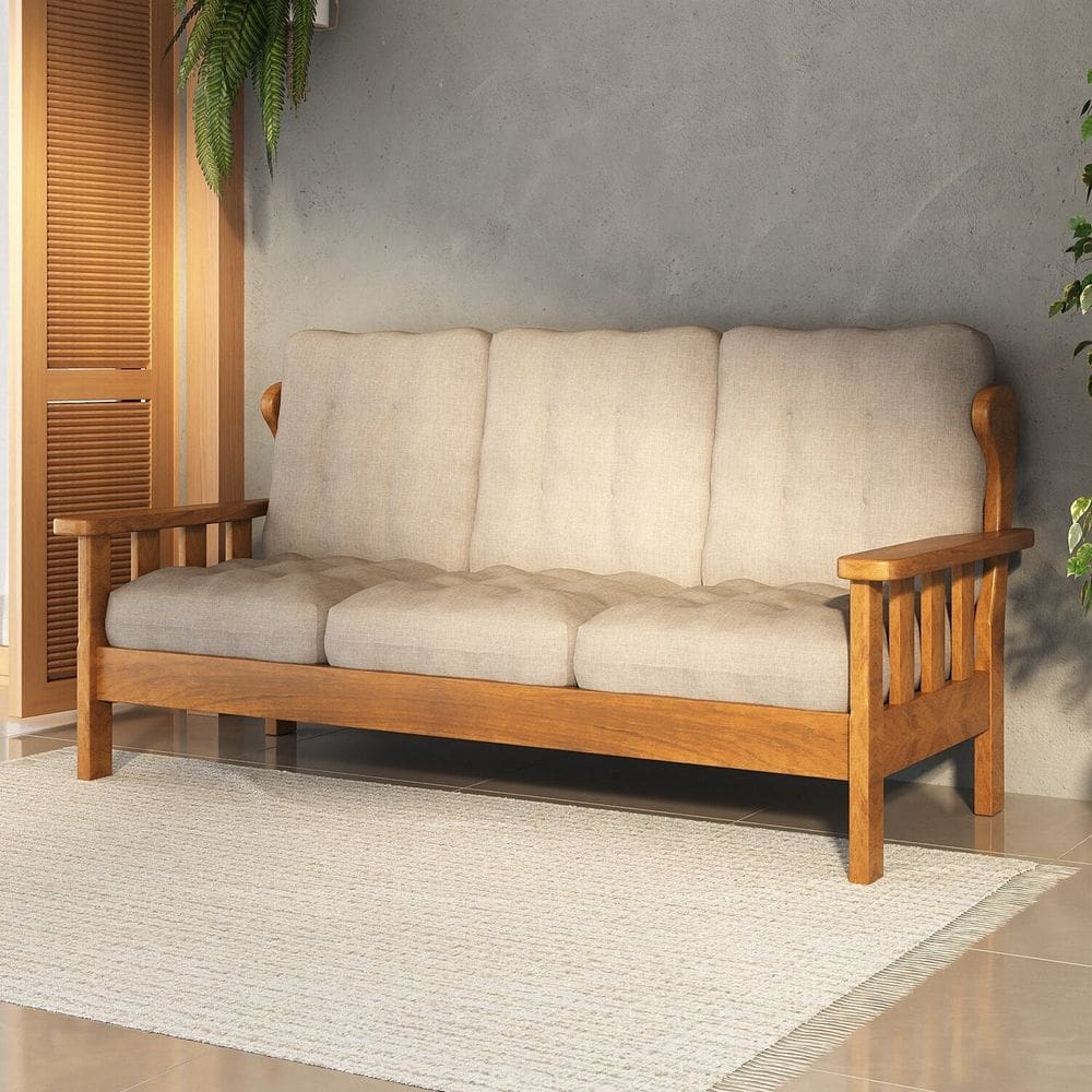 Sofá 3 Lugares com Almofadas 100% Madeira Maciça Mogno Mel