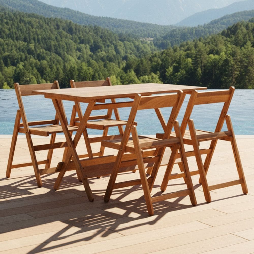 Conjunto de Mesa 120x70cm e 4 Cadeiras Dobráveis em Madeira Eucalipto Verniz Marrom