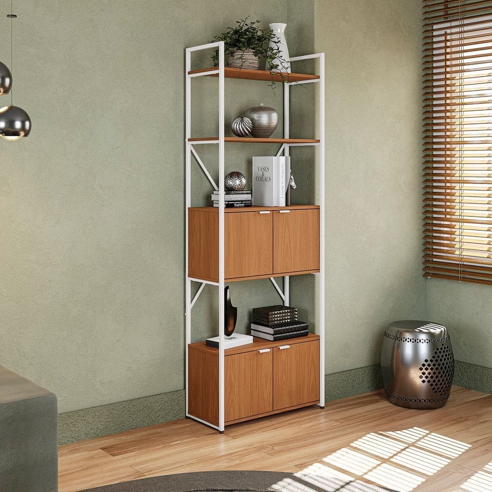 Estante Alta para Livros com 4 Portas Industrial Canela/Branco Brilho
