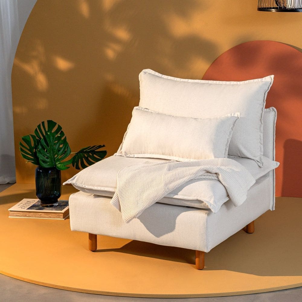 Sofá Modular com Encosto Pé Madeira Sôma Cabecasa Madeiramadeira Linho Natural