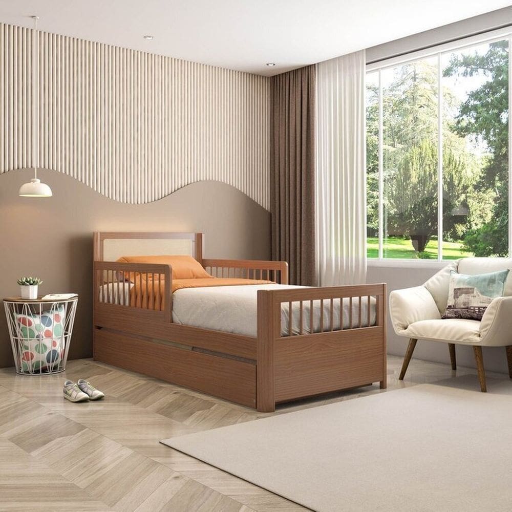 Bicama Solteiro Infantil Reversível Led com Rattan Grade de Proteção Peseira em Palito Wave Casatema Freijó