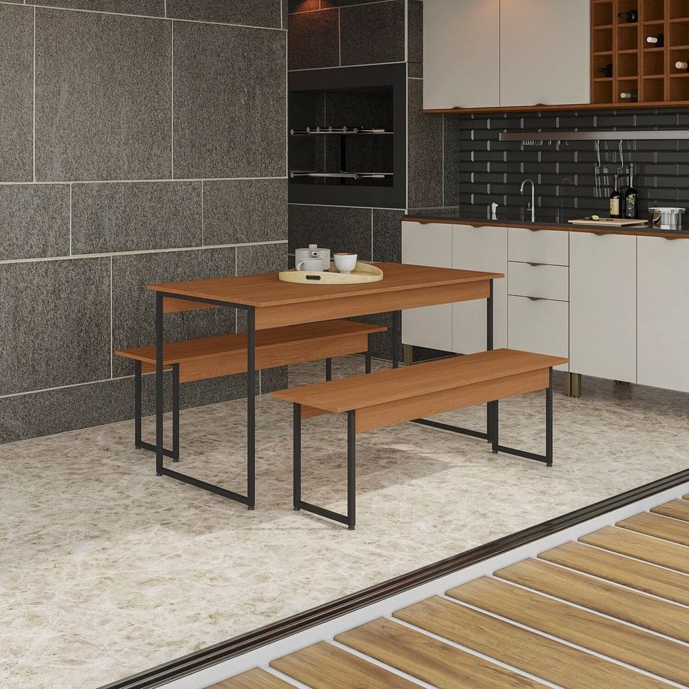 Mesa de Jantar com 2 Bancos Li013 136cm Crome Industrial Canela/Preto Fosco