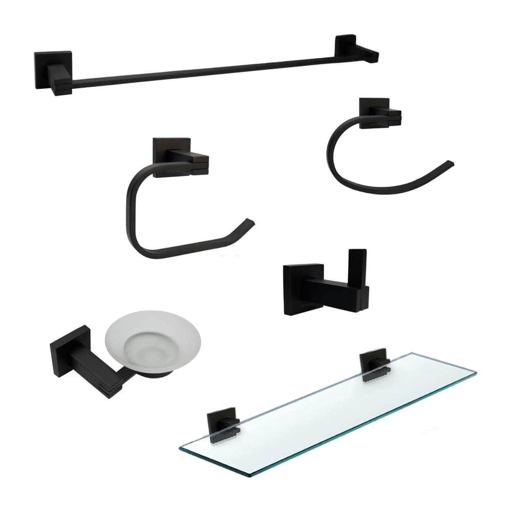 Kit Acessórios Banheiro Em Aço Inox E Vidro 6 Peças Preto