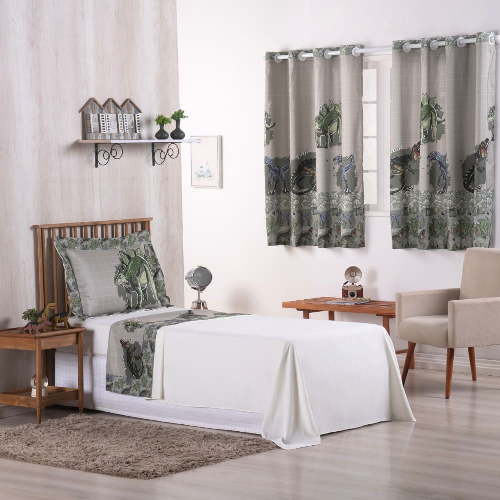 Conjunto Jogo de Lençol Masculino 3 Peças Boy Solteiro + Cortina Varão Simples Duplo 2m Estampado