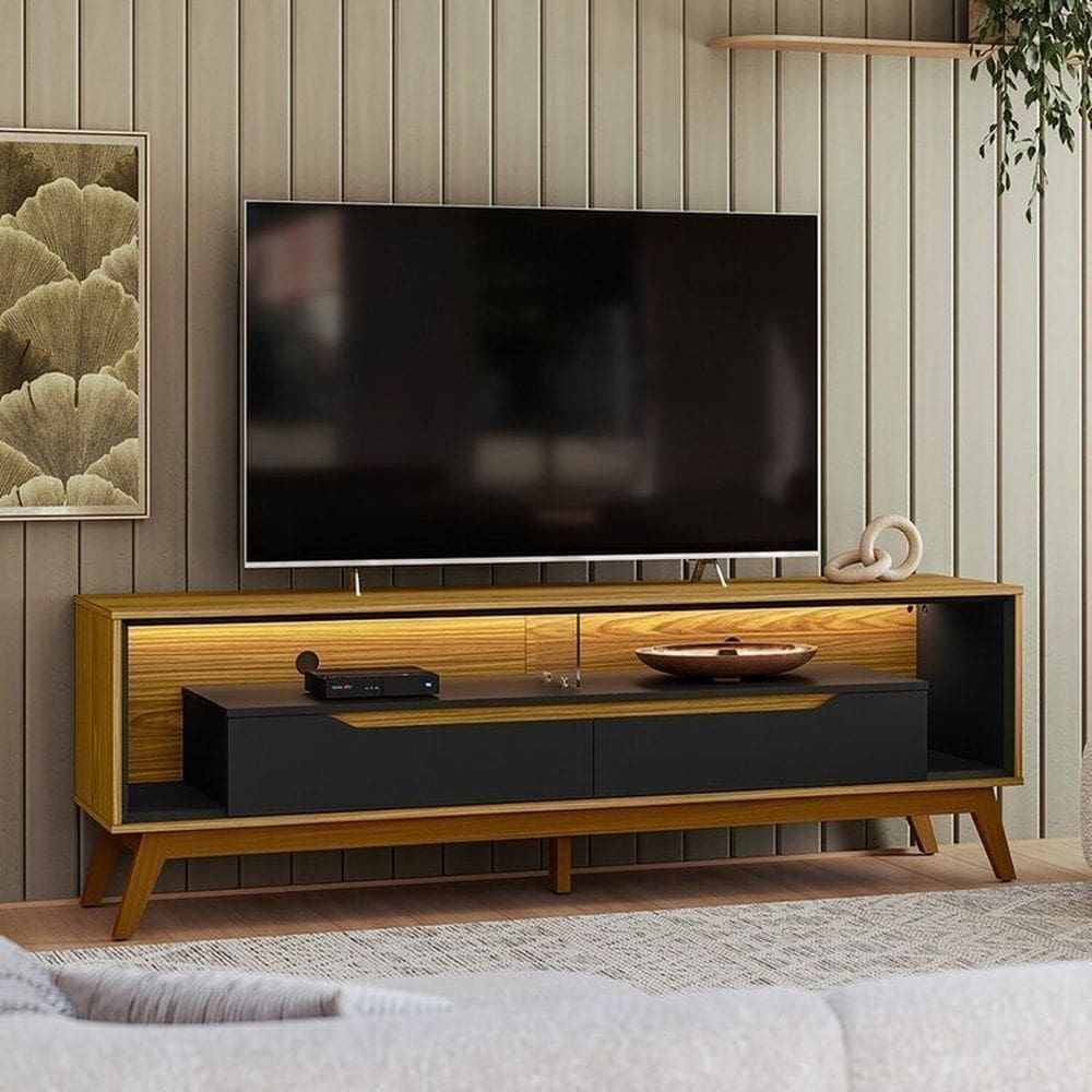 Rack Duo Pés Madeira e Painel Ripado com Led London 177cm Tv 70 Pol Olivar Móveis Cedro/ Preto