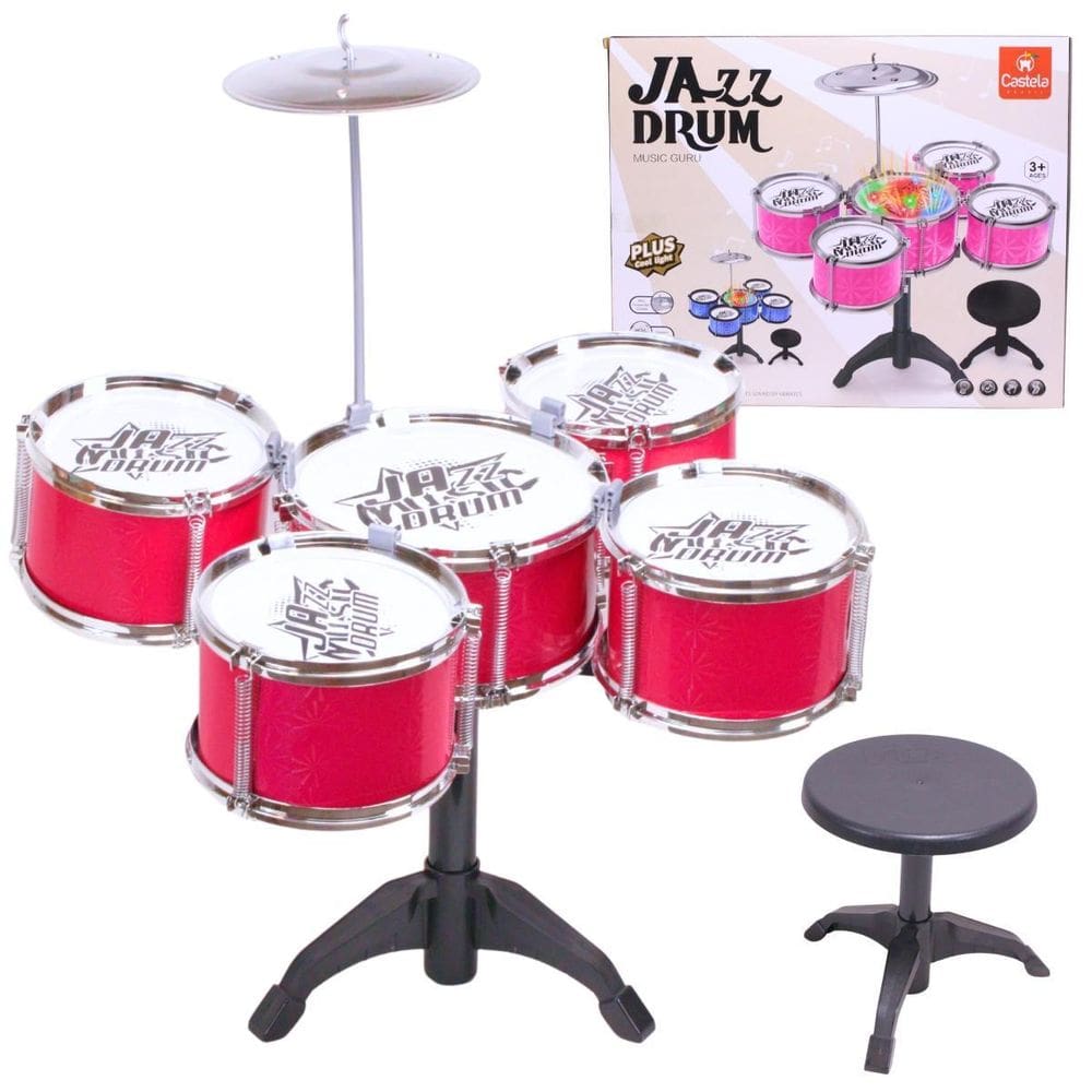 Mini Bateria Musical Infantil Vermelho C/Luz E Banco Castela