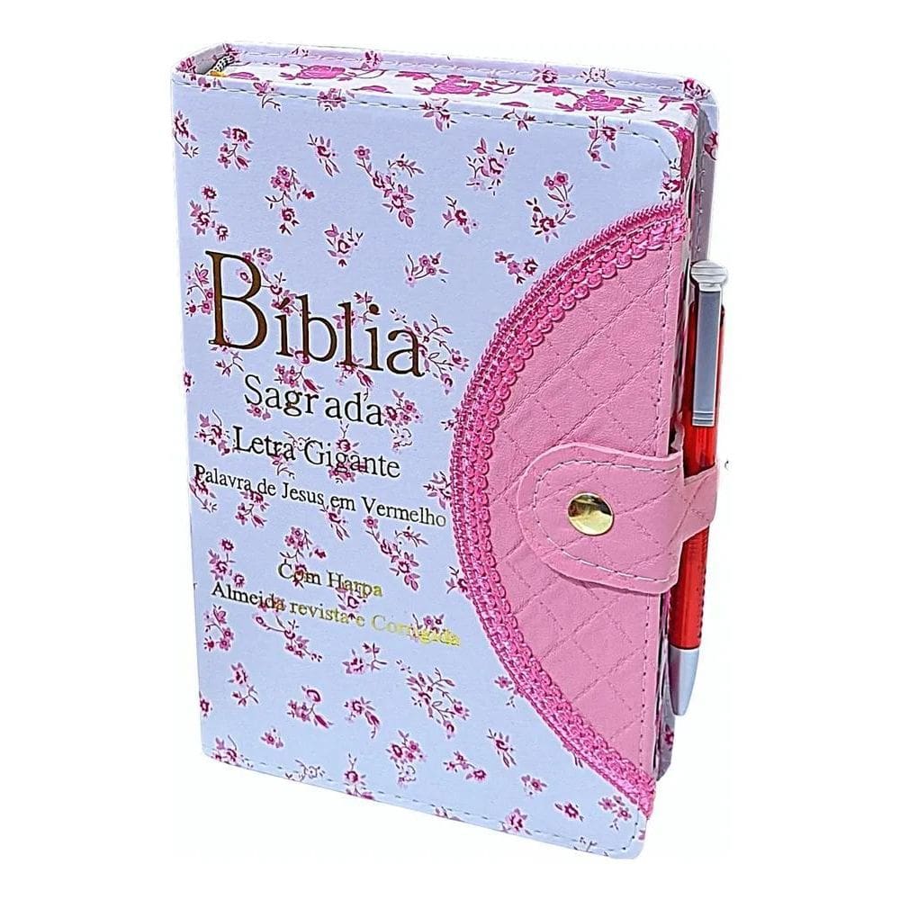 10X Biblia Letra Grande Com Harpa Corinhos Floral Rosa Lindí