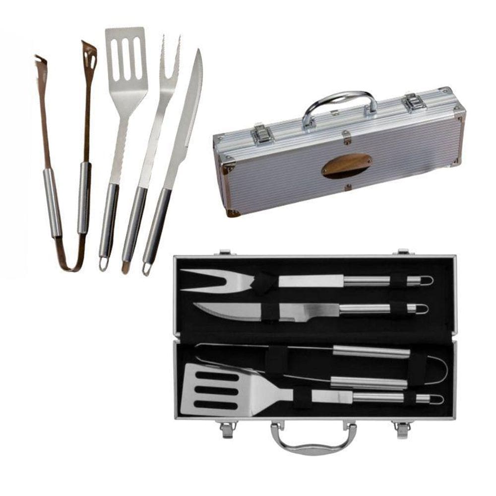 Kit Churrasco 4 Peças Com Garfo Faca Pegador Espátula Maleta