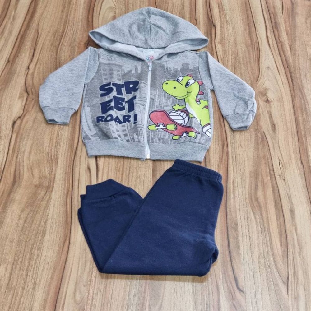 Conjunto Infantil Masculino Inverno Com Capuz Cinza Dino 1