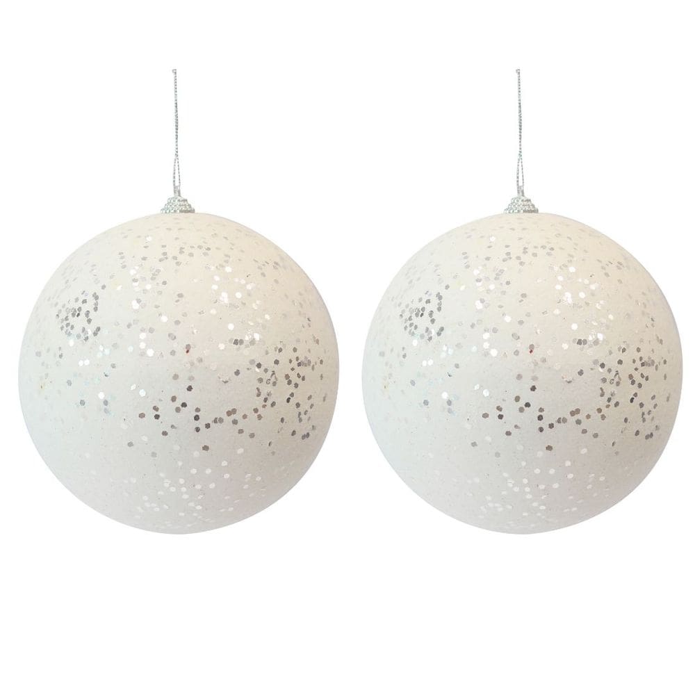 Jogo 2 Bolas de Natal Brancas Glitter e Lantejoulas Luxo