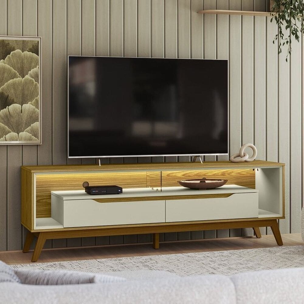 Rack Duo Pés Madeira e Painel Ripado com Led London 177cm Tv 70 Pol Olivar Móveis Cedro/ Off White