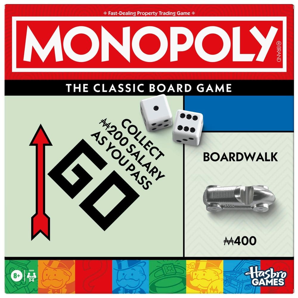 Jogo de tabuleiro Monopoly Classic com bandeja de armazenamento para maiores de 8 a 6 jogadores