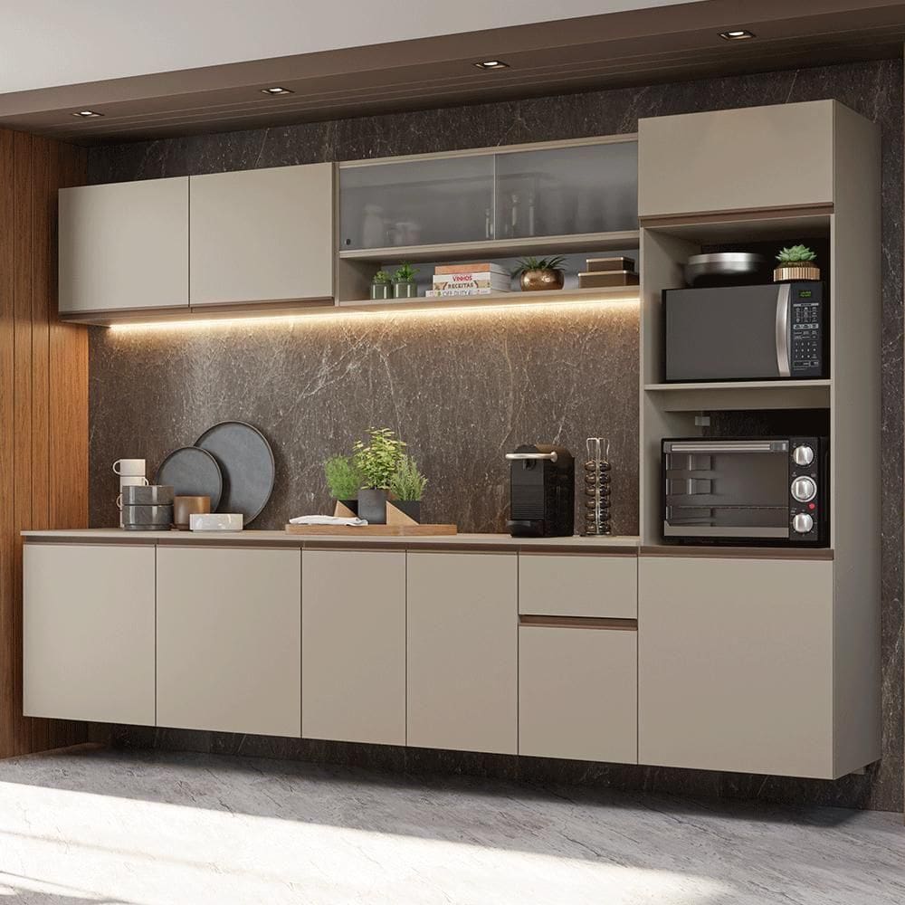 Armário De Cozinha Completa 300 Cm Suspenso Nice Madesa 04 Crema