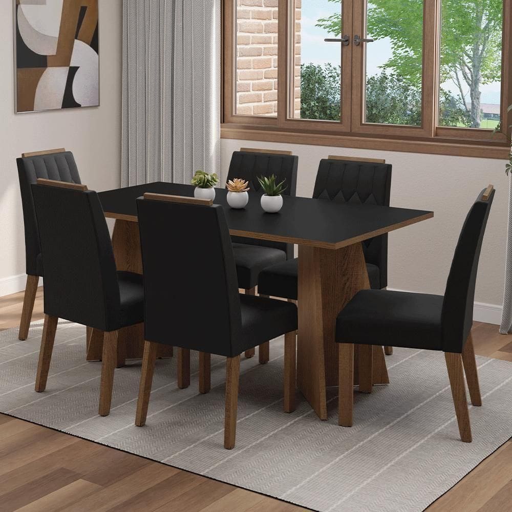 Conjunto Sala De Jantar Tampo De Madeira 6 Cadeiras Rustic/preto/oxford Leon Madesa