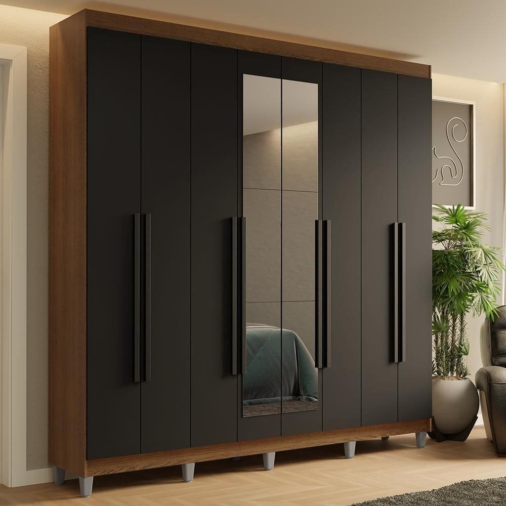 Guarda-roupa Casal Com Pés 8 Portas Batentes Com Espelho Rustic-preto-preto Saturno Madesa