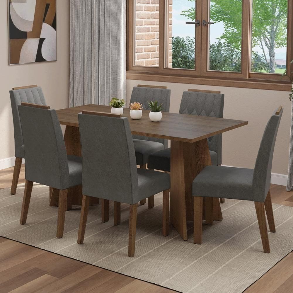 Conjunto Sala De Jantar Tampo De Madeira 6 Cadeiras Rustic/silver Leon Madesa