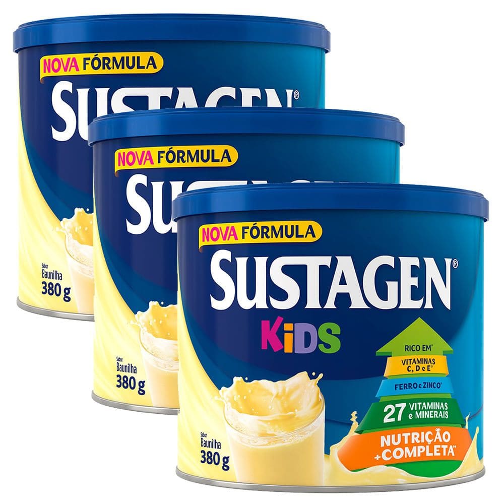 Kit 3 Complemento Alimentar Sustagen Kids Baunilha Lata 380g
