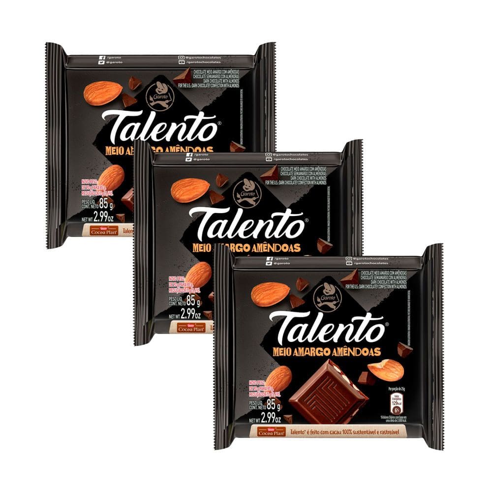 Kit 3 Chocolate Garoto Talento Meio Amargo com Amêndoas 85g