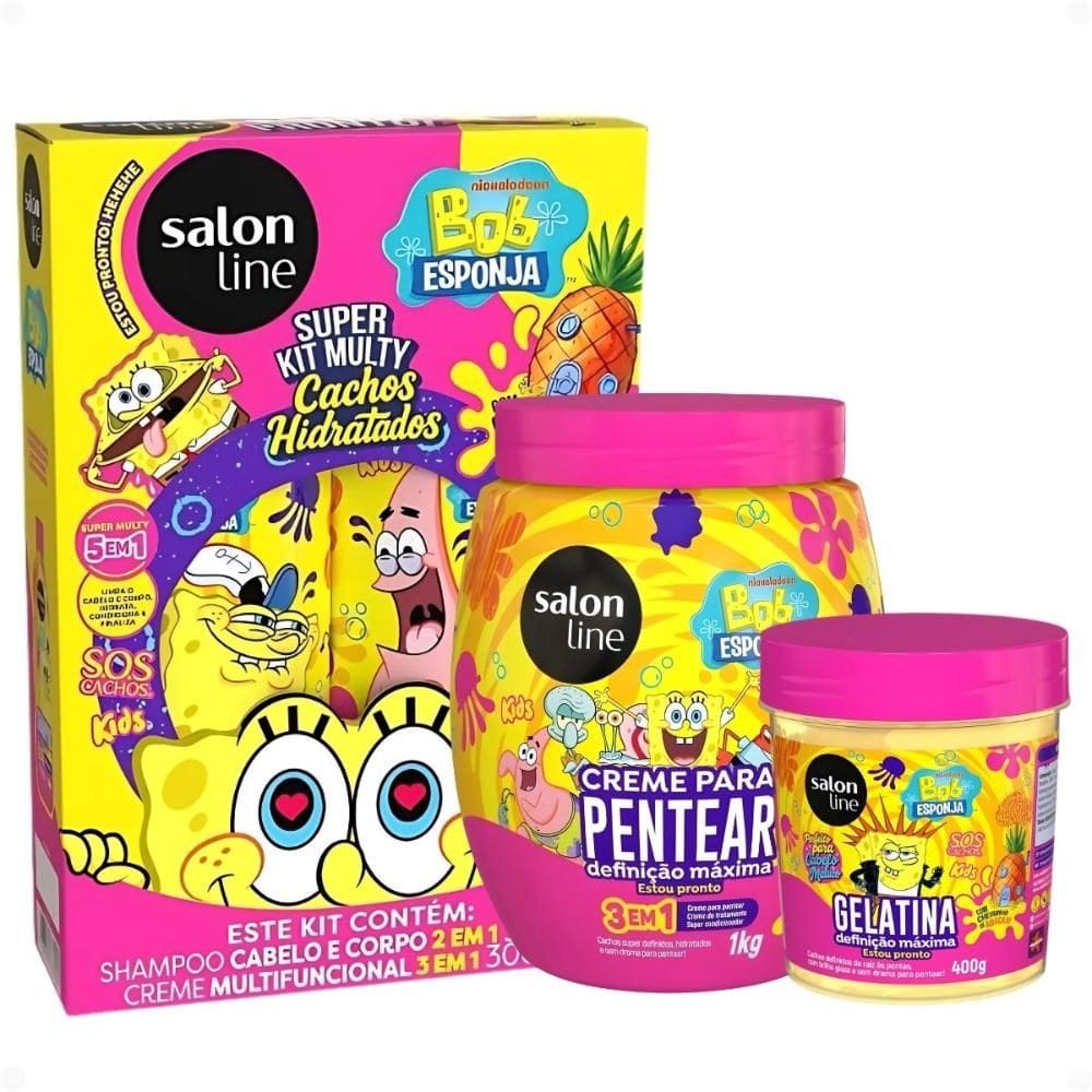 Kit Salon Line Kids Bob Esponja Sos Cachos: Shampoo, Creme Multifuncional, Creme Para Pentear 1kg e Gelatina Capilar 400g