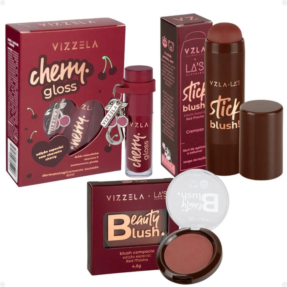 Kit Gloss Cherry Com Chaveiro + Blush Stick e Compacto La`s Clothing Red Mocha