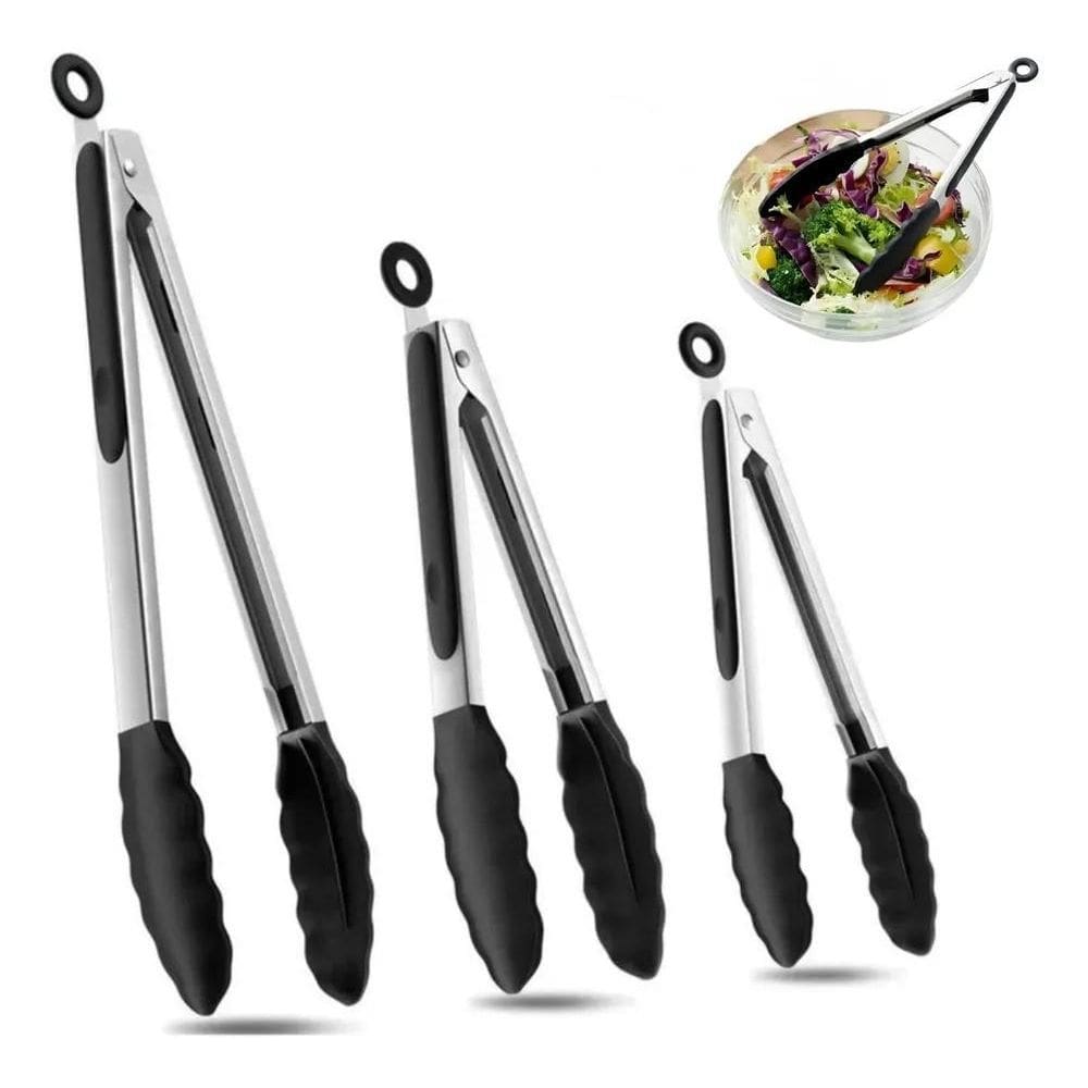 10X Kit 3 Pegador Pinças Silicone Inox Churrasco Salada Coz