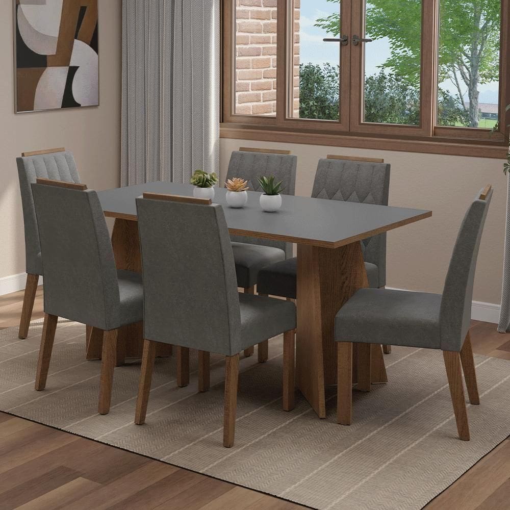 Conjunto Sala De Jantar Tampo De Madeira 6 Cadeiras Rustic/cinza/silver Leon Madesa