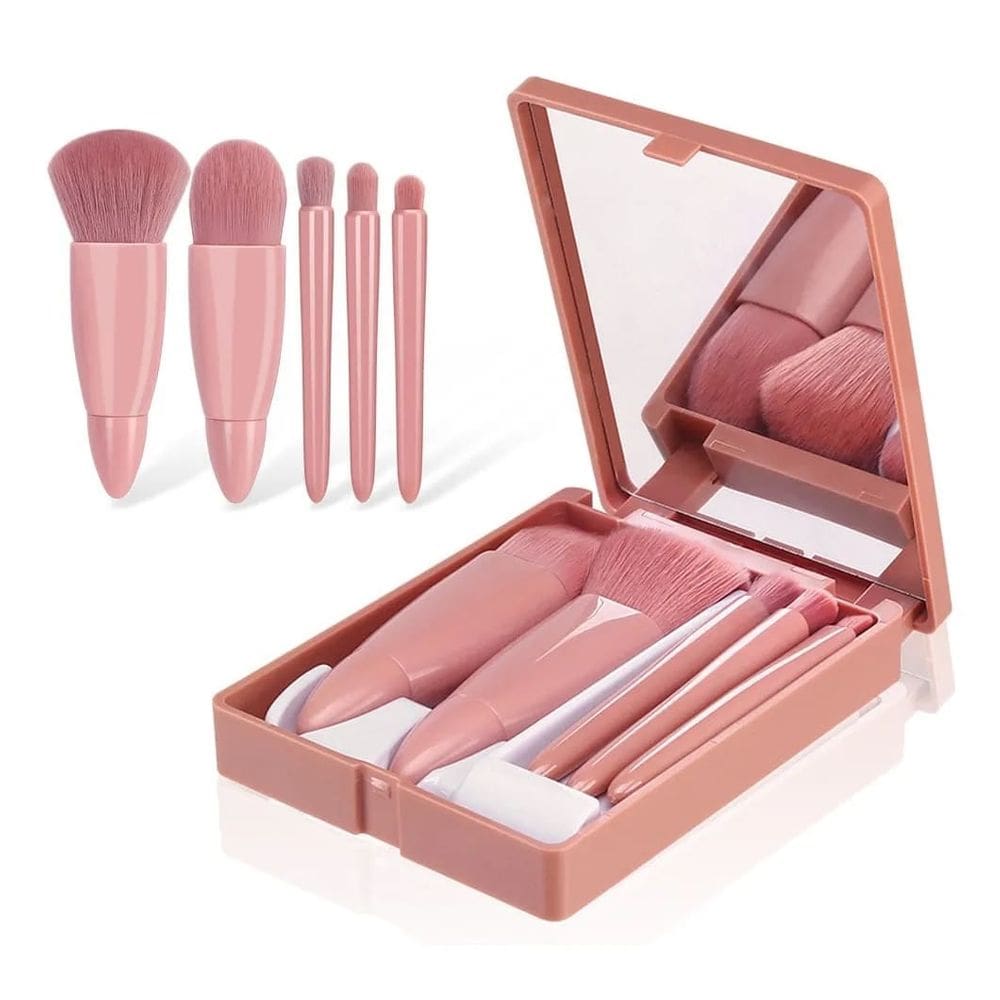 Kit pincel de maquiagem com espelho - Mini conjunto 5 pincéis Marrom nude