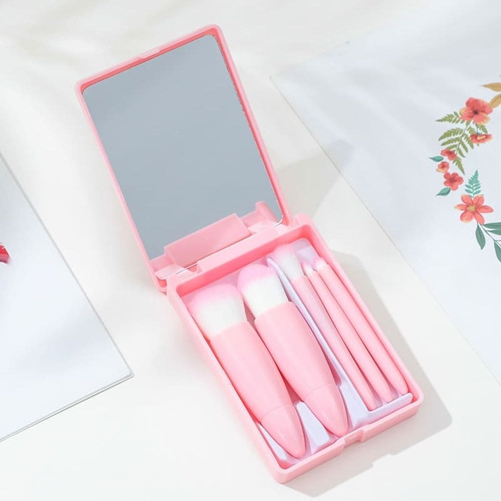 Kit pincel de maquiagem com espelho - Mini conjunto 5 pincéis
