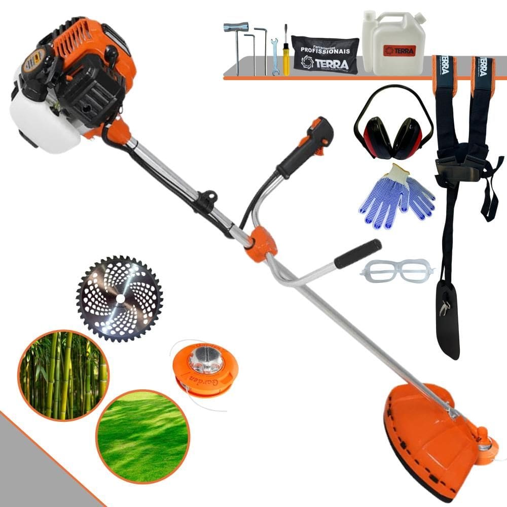 Roçadeira Multifuncional Robusta Terra GR520XP À Gasolina 2T 52cc 2,5HP 6.500rpm 2 Opções de Corte Com Lâmina 40 Dentes Vídea + Carretel Nylon + EPI