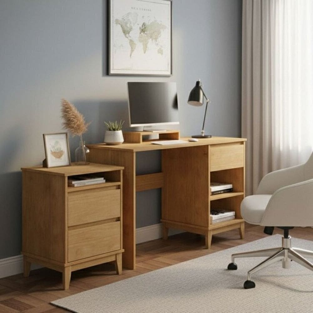 Conjunto Escrivaninha + Mesa de Cabeceira – Madeira Maciça e Mdf - Linha Prata Finestra Móveis Freijó