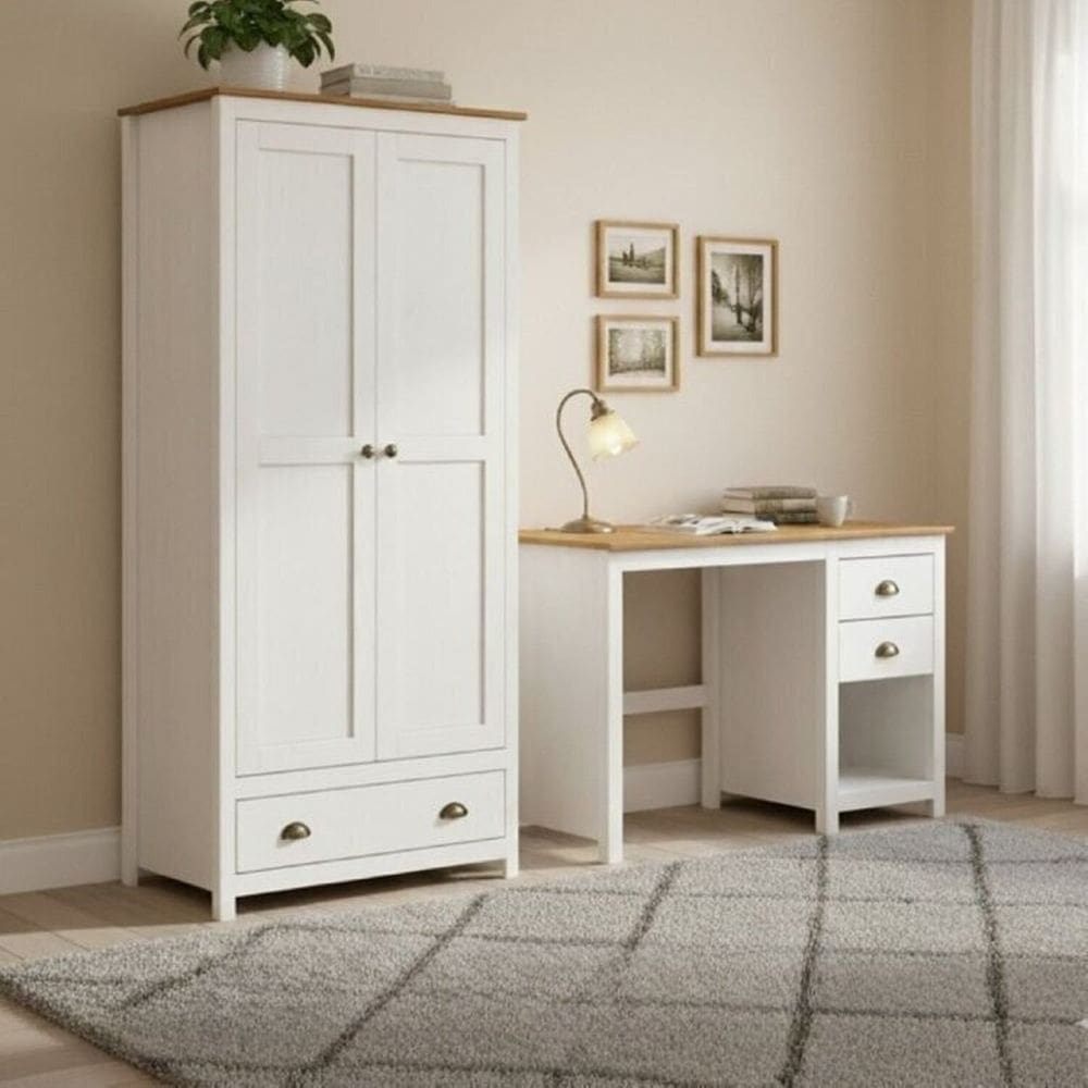 Conjunto para Escritório Escrivaninha + Armário 2 Portas 100% Madeira Maciça - Topázio Finestra Branco/Freijó