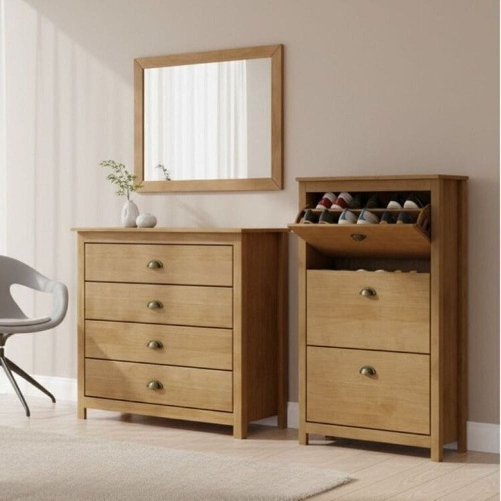 Conjunto Sapateira + Cômoda 4 Gavetas + Moldura com Espelho 100% Madeira Maciça - Topázio Freijó