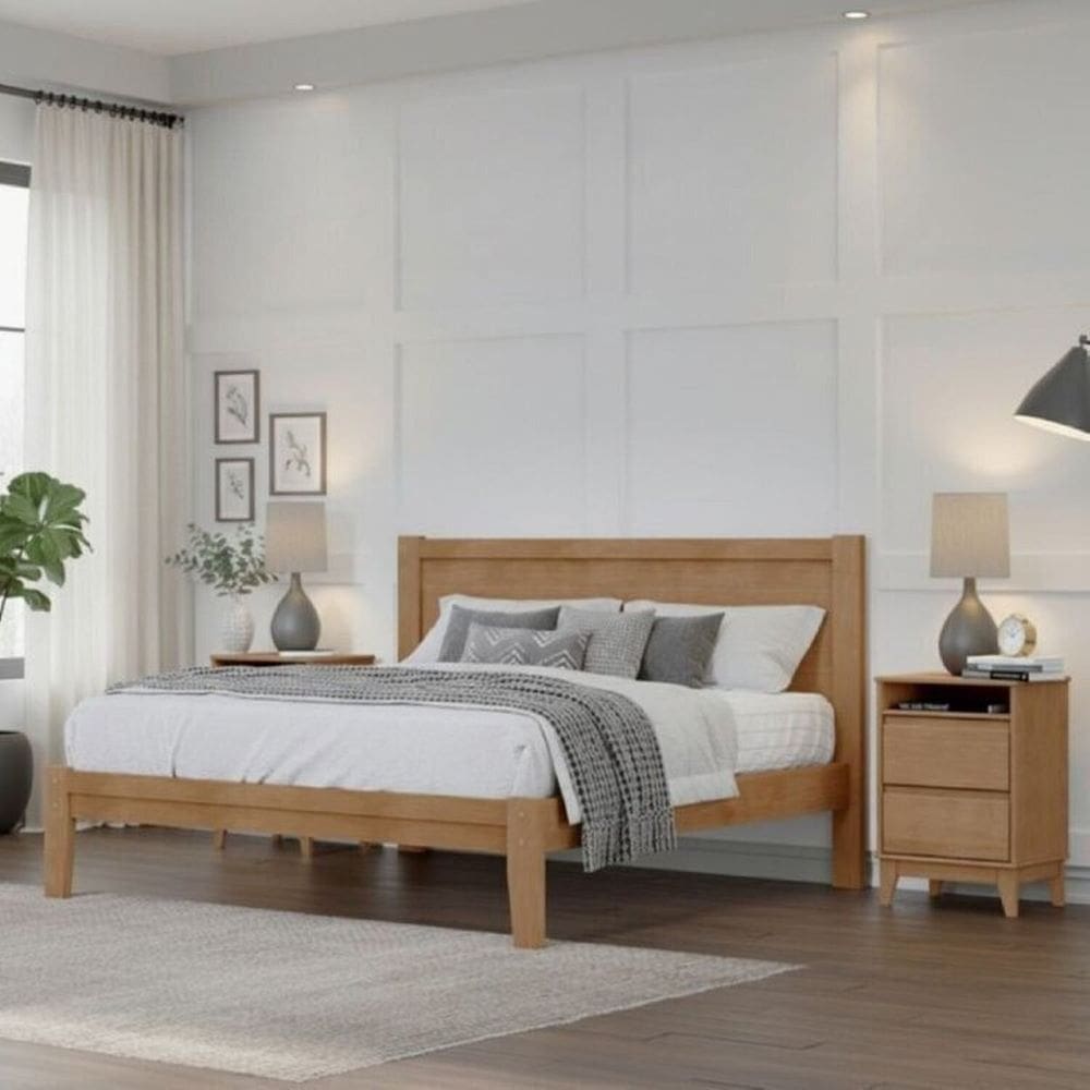 Conjunto Cama Casal 1,40 + 2 mesas de cabeceira – Madeira Maciça e MDF - Linha Prata Finestra Móveis Freijó